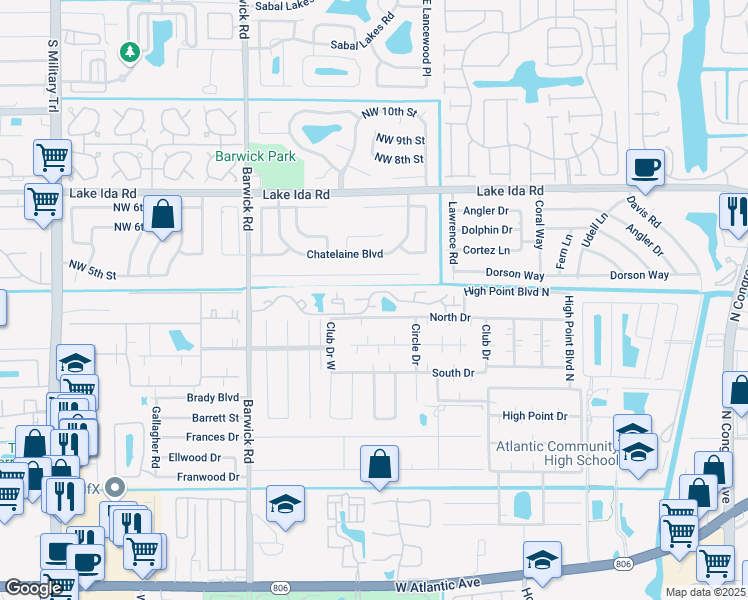 map of restaurants, bars, coffee shops, grocery stores, and more near 3900 Village Drive in Delray Beach