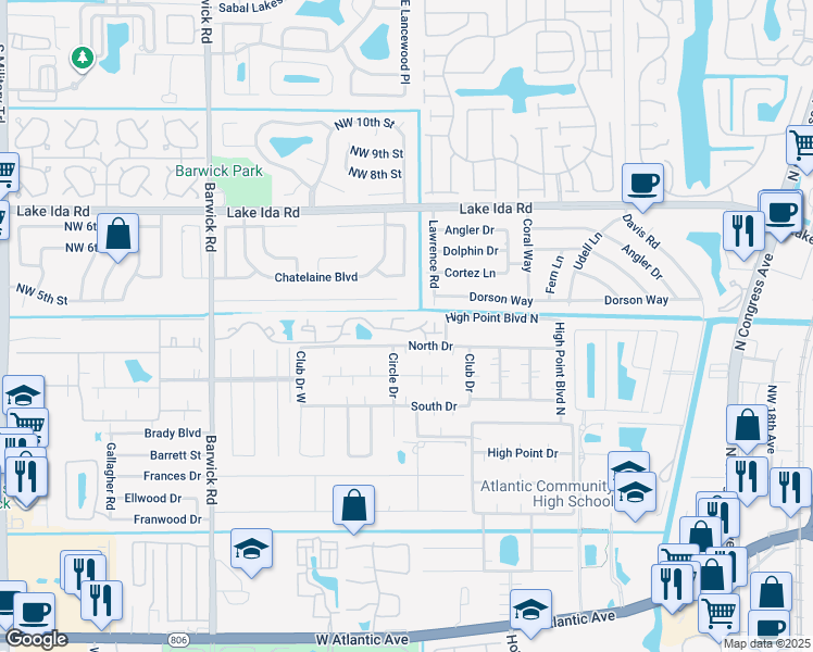 map of restaurants, bars, coffee shops, grocery stores, and more near 3680 Village Drive in Delray Beach