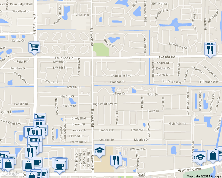 map of restaurants, bars, coffee shops, grocery stores, and more near 4205 Village Drive in Delray Beach