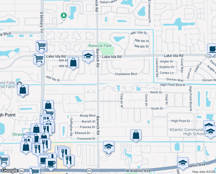 map of restaurants, bars, coffee shops, grocery stores, and more near 4355 Village Drive in Delray Beach