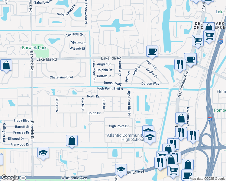 map of restaurants, bars, coffee shops, grocery stores, and more near 870 High Point Boulevard North in Delray Beach