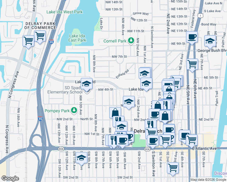 map of restaurants, bars, coffee shops, grocery stores, and more near 580 Northwest 4th Street in Delray Beach