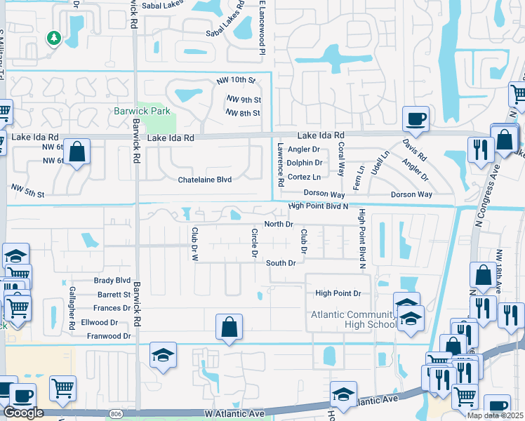 map of restaurants, bars, coffee shops, grocery stores, and more near 3715 Village Drive in Delray Beach