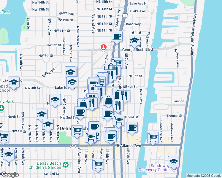 map of restaurants, bars, coffee shops, grocery stores, and more near 398 Northeast 5th Avenue in Delray Beach