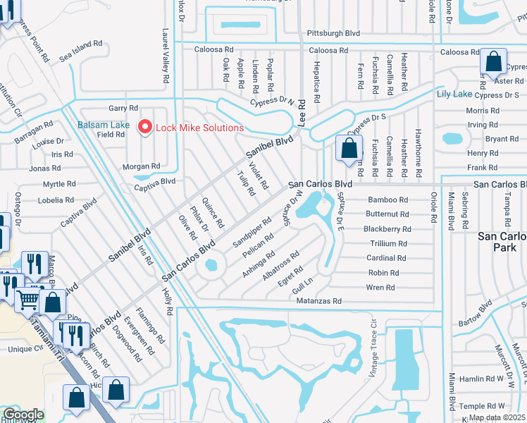 map of restaurants, bars, coffee shops, grocery stores, and more near 8176 San Carlos Boulevard in Fort Myers