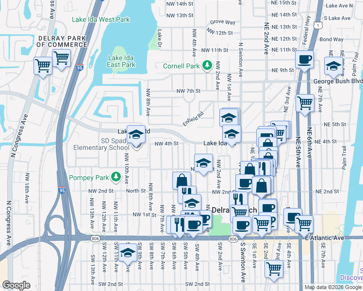 map of restaurants, bars, coffee shops, grocery stores, and more near 352 Northwest 5th Avenue in Delray Beach