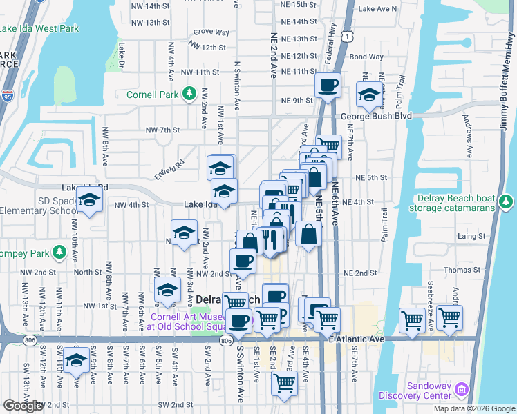map of restaurants, bars, coffee shops, grocery stores, and more near 147 North Cannery Row Circle in Delray Beach