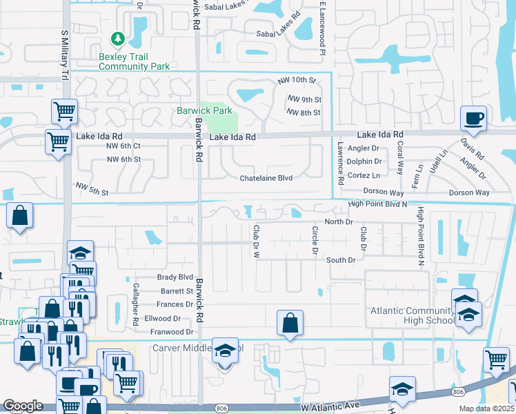 map of restaurants, bars, coffee shops, grocery stores, and more near 4085 Village Drive in Delray Beach