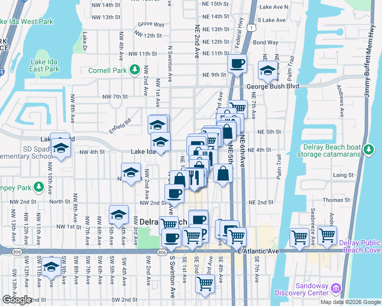 map of restaurants, bars, coffee shops, grocery stores, and more near 147 North Cannery Row Circle in Delray Beach