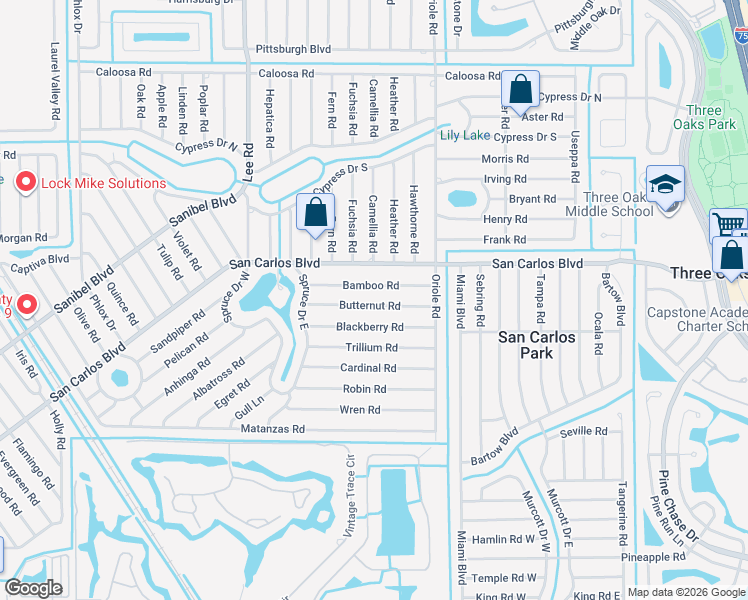 map of restaurants, bars, coffee shops, grocery stores, and more near 8389 Butternut Road in Fort Myers