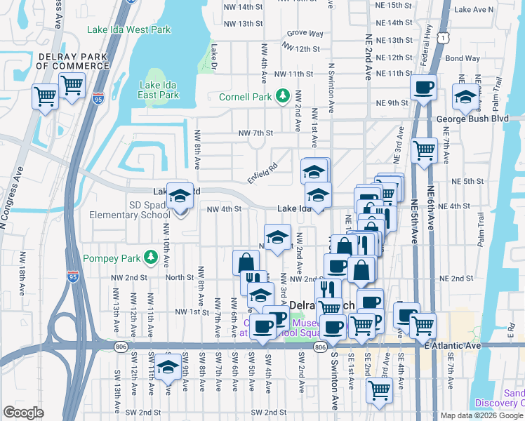 map of restaurants, bars, coffee shops, grocery stores, and more near 354 Lake Ida Road in Delray Beach