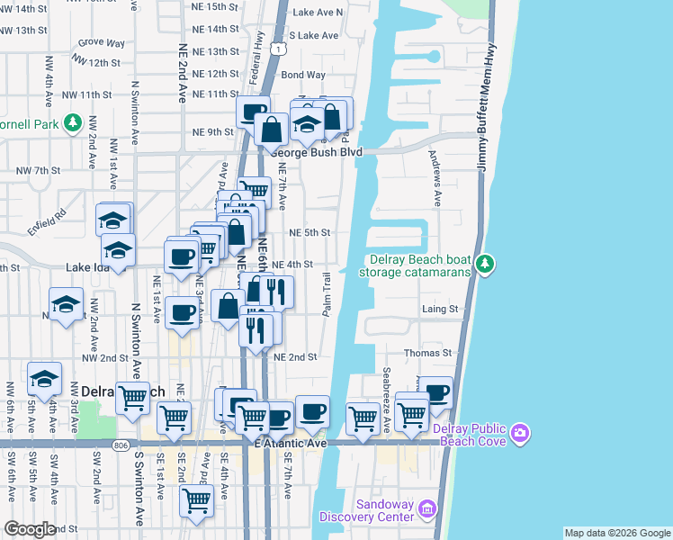 map of restaurants, bars, coffee shops, grocery stores, and more near 904 Northeast 4th Street in Delray Beach