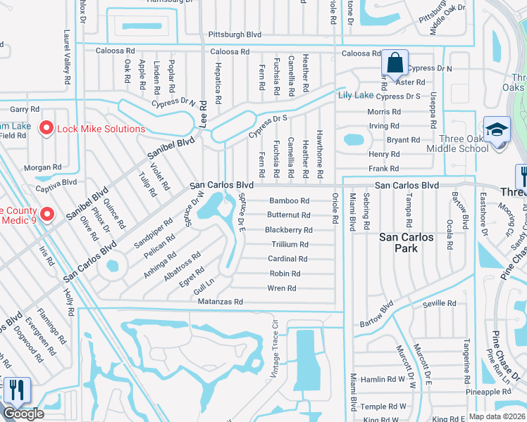 map of restaurants, bars, coffee shops, grocery stores, and more near 8341 Butternut Road in Fort Myers