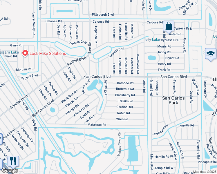 map of restaurants, bars, coffee shops, grocery stores, and more near 8305 Butternut Road in Fort Myers