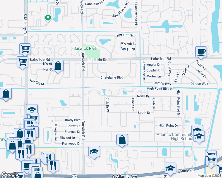 map of restaurants, bars, coffee shops, grocery stores, and more near 4085 Village Drive in Delray Beach