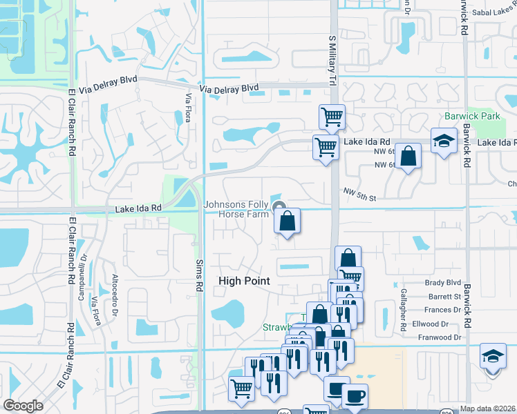 map of restaurants, bars, coffee shops, grocery stores, and more near 14052 52nd Avenue South in Delray Beach