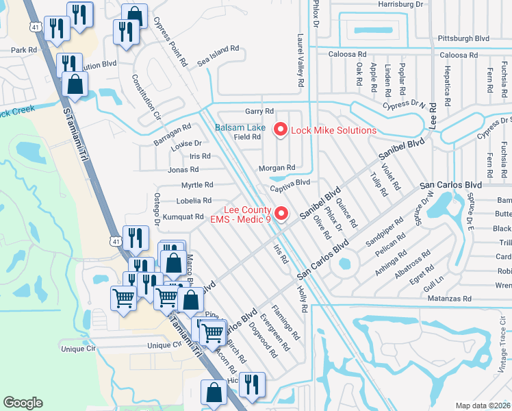 map of restaurants, bars, coffee shops, grocery stores, and more near 18425 Iris Road in Fort Myers