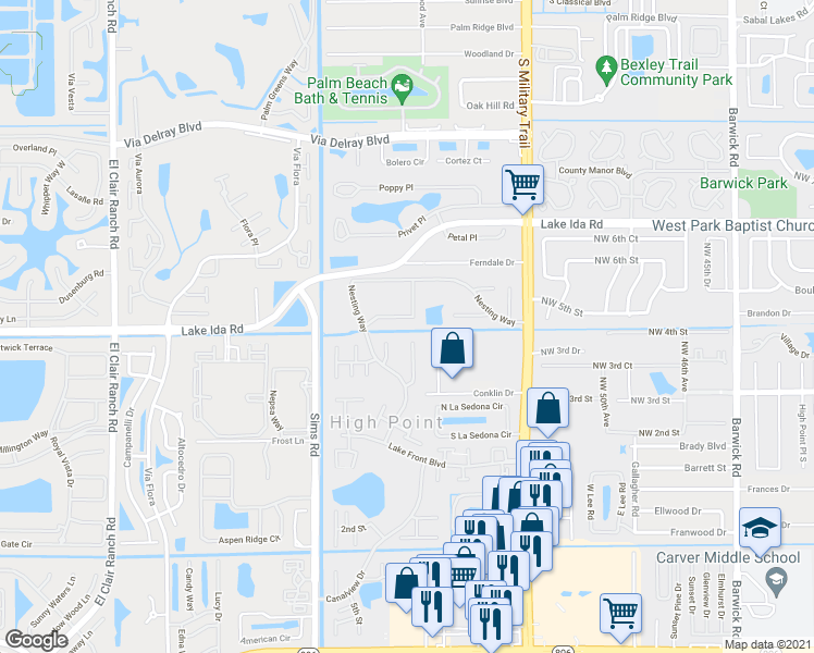 map of restaurants, bars, coffee shops, grocery stores, and more near 14052 52nd Avenue South in Delray Beach