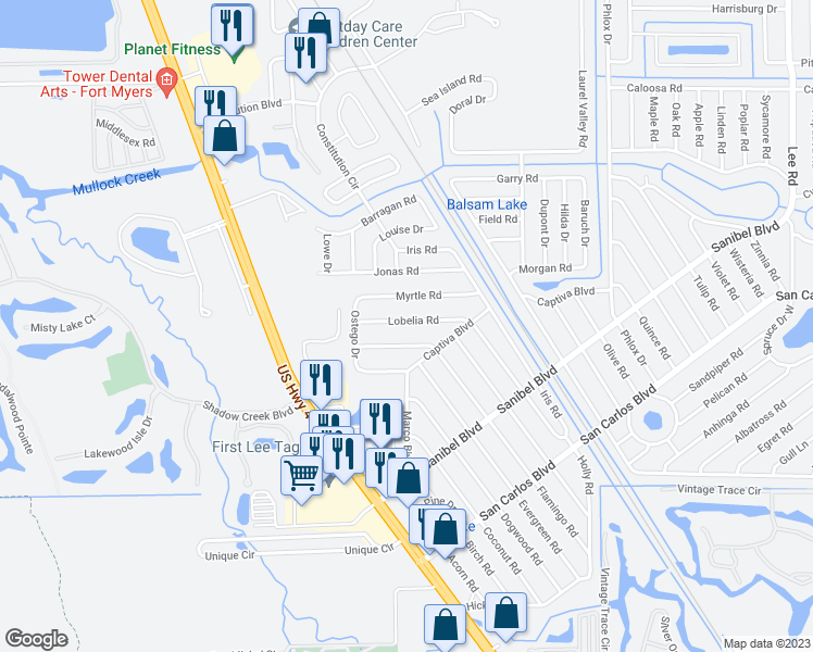 map of restaurants, bars, coffee shops, grocery stores, and more near 7262 Lobelia Road in Fort Myers