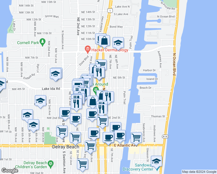 map of restaurants, bars, coffee shops, grocery stores, and more near 395 Northeast 6th Avenue in Delray Beach