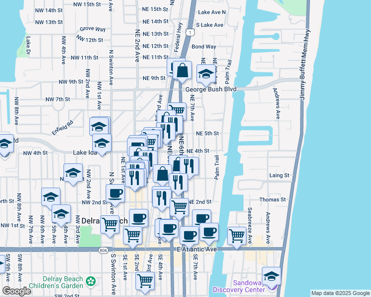 map of restaurants, bars, coffee shops, grocery stores, and more near 395 Northeast 6th Avenue in Delray Beach