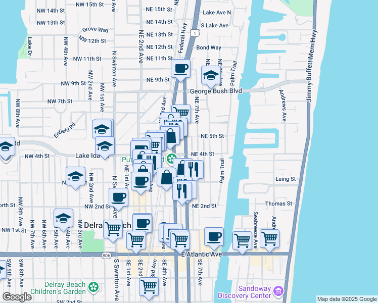 map of restaurants, bars, coffee shops, grocery stores, and more near 395 Northeast 6th Avenue in Delray Beach