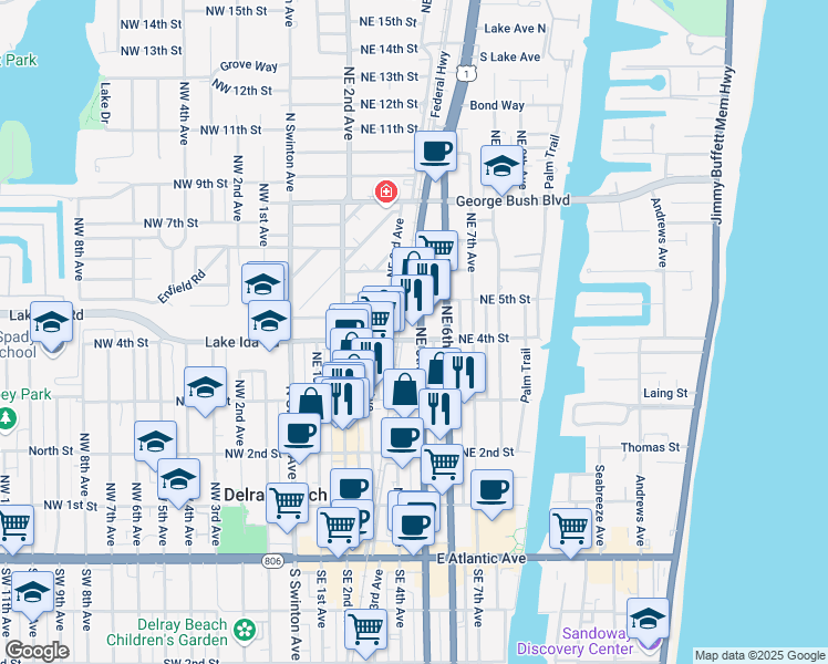 map of restaurants, bars, coffee shops, grocery stores, and more near 398 Northeast 5th Avenue in Delray Beach