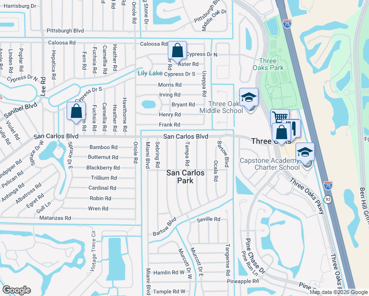 map of restaurants, bars, coffee shops, grocery stores, and more near 18492 Tampa Road in Fort Myers