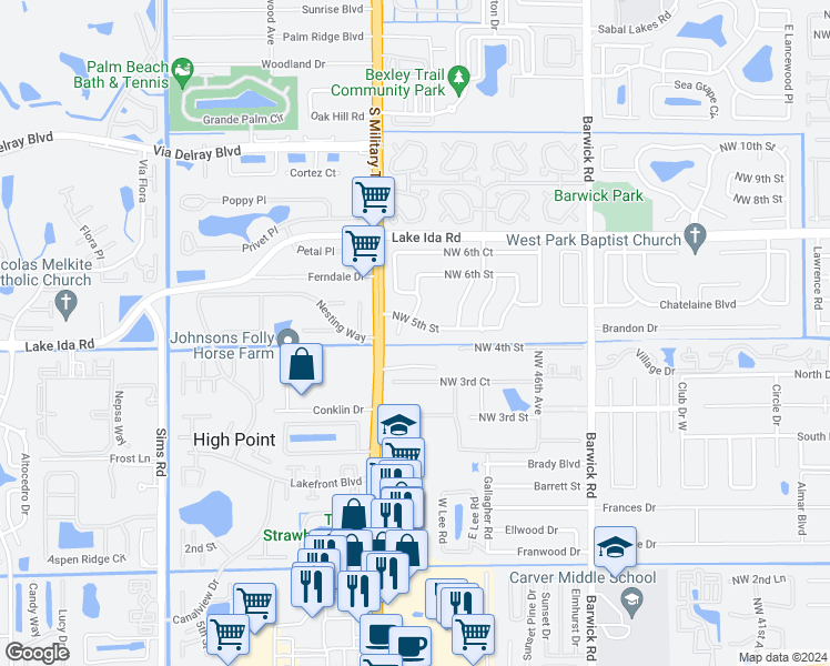 map of restaurants, bars, coffee shops, grocery stores, and more near 5096 Northwest 5th Street in Delray Beach