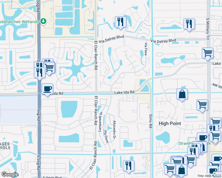 map of restaurants, bars, coffee shops, grocery stores, and more near 13992 Vía Flora in Delray Beach