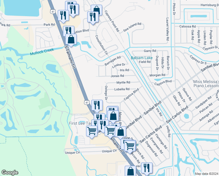 map of restaurants, bars, coffee shops, grocery stores, and more near 7209 Lobelia Road in Fort Myers
