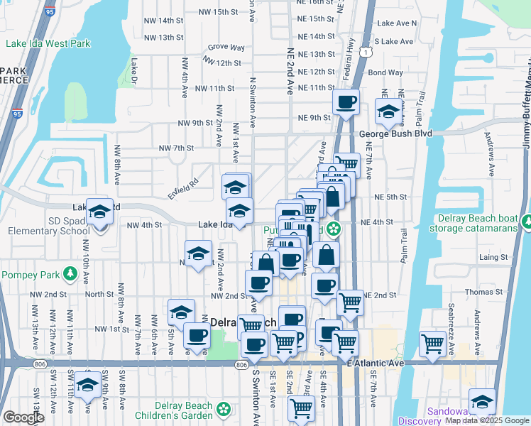 map of restaurants, bars, coffee shops, grocery stores, and more near 435 North Swinton Avenue in Delray Beach