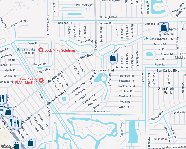 map of restaurants, bars, coffee shops, grocery stores, and more near 18536 Spruce Drive West in Fort Myers