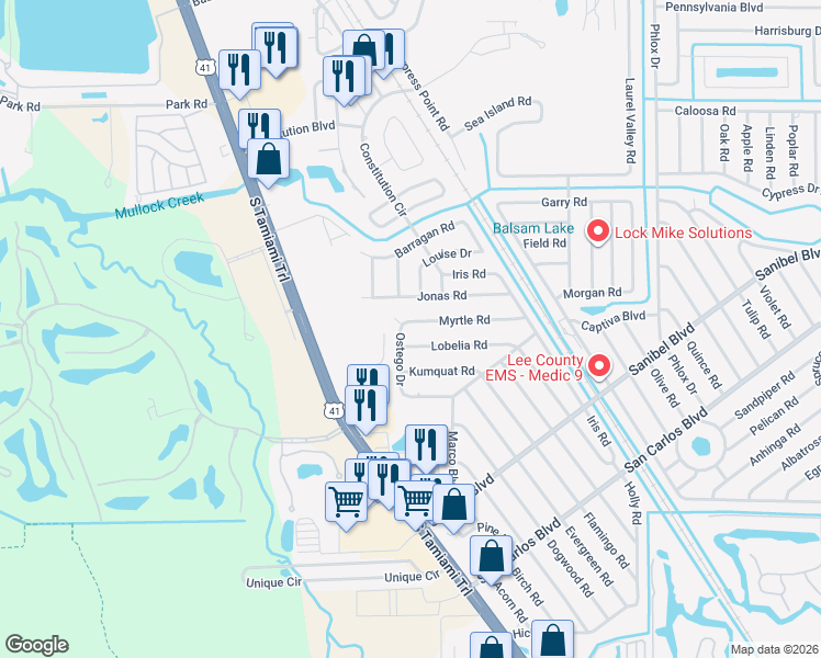 map of restaurants, bars, coffee shops, grocery stores, and more near 7201 Myrtle Road in Fort Myers