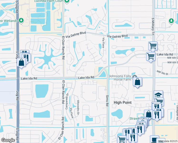 map of restaurants, bars, coffee shops, grocery stores, and more near 5723 Sims Road in Delray Beach