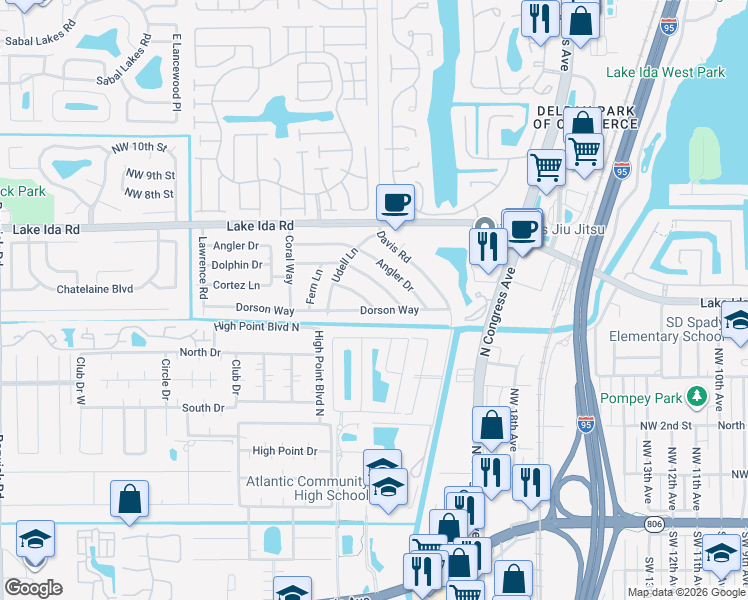map of restaurants, bars, coffee shops, grocery stores, and more near 505 Cortez Lane in Delray Beach