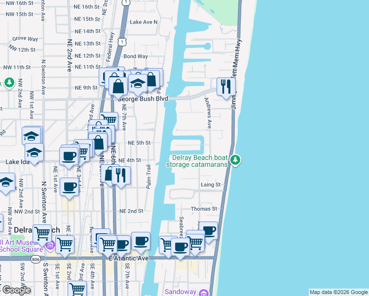 map of restaurants, bars, coffee shops, grocery stores, and more near 1102 Island Drive in Delray Beach