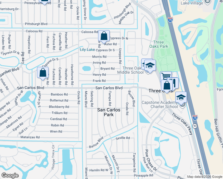 map of restaurants, bars, coffee shops, grocery stores, and more near 9135 San Carlos Boulevard in Fort Myers