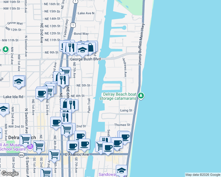 map of restaurants, bars, coffee shops, grocery stores, and more near 1102 Island Drive in Delray Beach