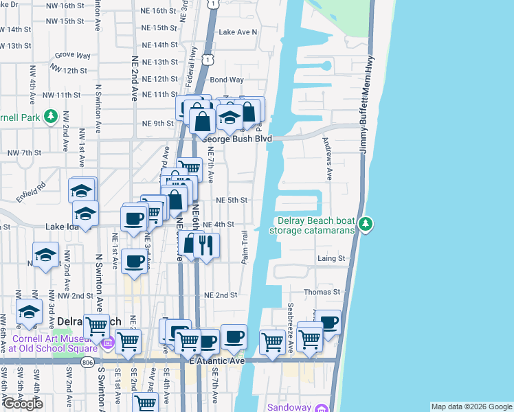 map of restaurants, bars, coffee shops, grocery stores, and more near 435 Palm Trail in Delray Beach