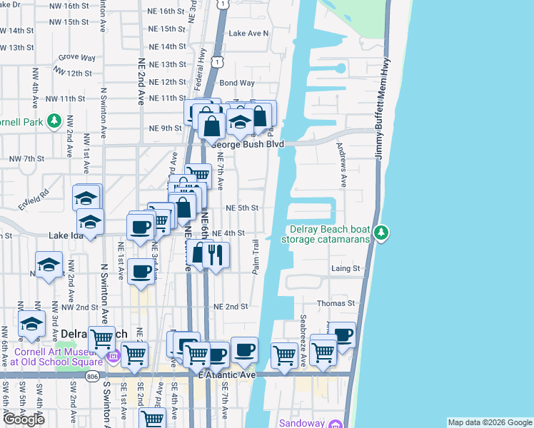 map of restaurants, bars, coffee shops, grocery stores, and more near 1 Fisher Lane in Delray Beach