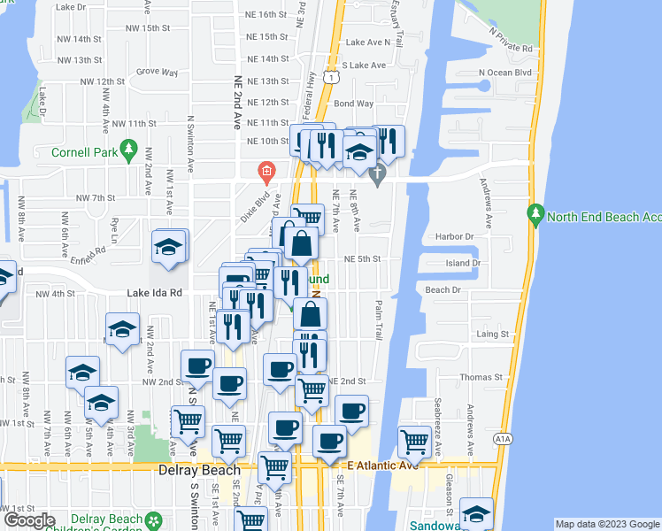 map of restaurants, bars, coffee shops, grocery stores, and more near 430 Northeast 7th Avenue in Delray Beach
