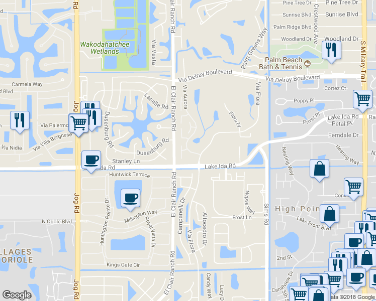 map of restaurants, bars, coffee shops, grocery stores, and more near 13899 Vía Aurora in Delray Beach