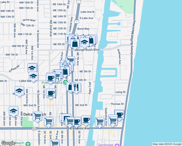 map of restaurants, bars, coffee shops, grocery stores, and more near 435 Palm Trail in Delray Beach