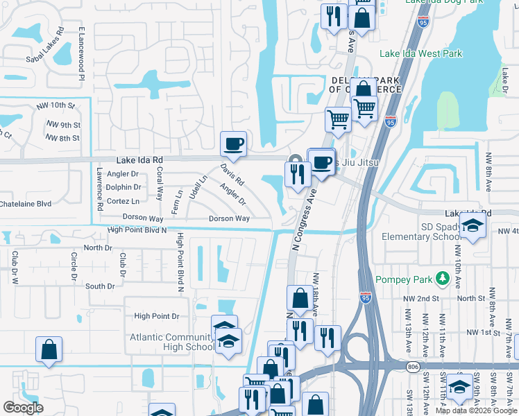 map of restaurants, bars, coffee shops, grocery stores, and more near 522 Davis Road in Delray Beach