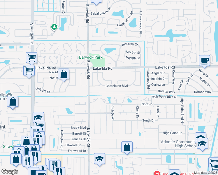 map of restaurants, bars, coffee shops, grocery stores, and more near 3600 Boulevard Chatelaine in Delray Beach