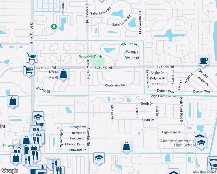 map of restaurants, bars, coffee shops, grocery stores, and more near 3600 Boulevard Chatelaine in Delray Beach