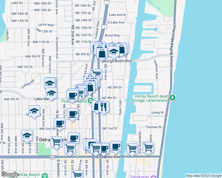 map of restaurants, bars, coffee shops, grocery stores, and more near 434 Northeast 8th Avenue in Delray Beach