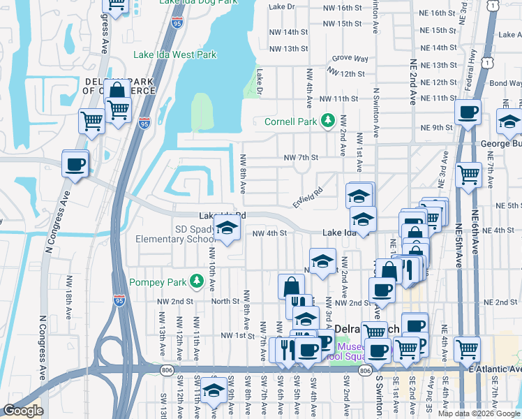 map of restaurants, bars, coffee shops, grocery stores, and more near 702 Enfield Road in Delray Beach