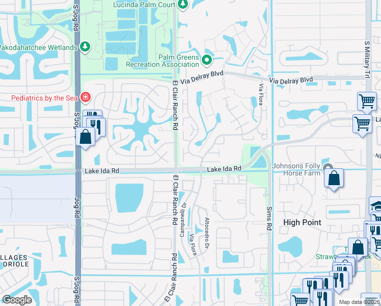 map of restaurants, bars, coffee shops, grocery stores, and more near 13907 Vía Aurora in Delray Beach